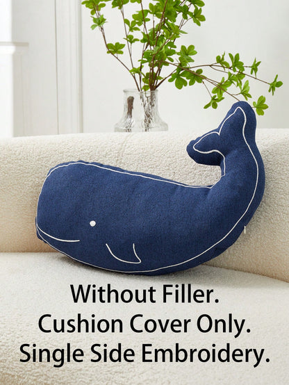 1pc Navy Blue Embroidered Whale Shaped Decorative Pillow Cover, Suitable For Indoor Decoration, Odd-Shaped Pillow Cover For All Seasons, Sold Without Insert
