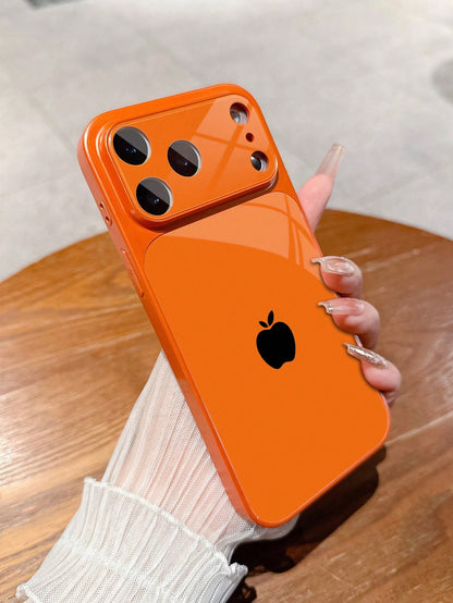 1pc New Business Style Minimalist Black Apple Logo Luxury Large Window Tempered Glass Camera Protection Phone Case Compatible With IPhone 17/17Pro/17ProMax/17Air/16/16Pro/16ProMax/16Plus/15/15Plus/15P