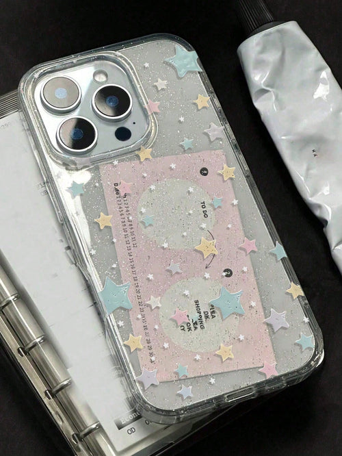 1pc New Micro Glitter Sequin Cute Star Pattern Transparent TPU Shockproof Luxury Phone Case, Suitable For IPhone 11 12 13 14 15 16 17 Pro Max