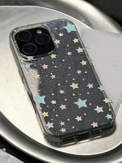 1pc New Micro Glitter Sequin Cute Star Pattern Transparent TPU Shockproof Luxury Phone Case, Suitable For IPhone 11 12 13 14 15 16 17 Pro Max