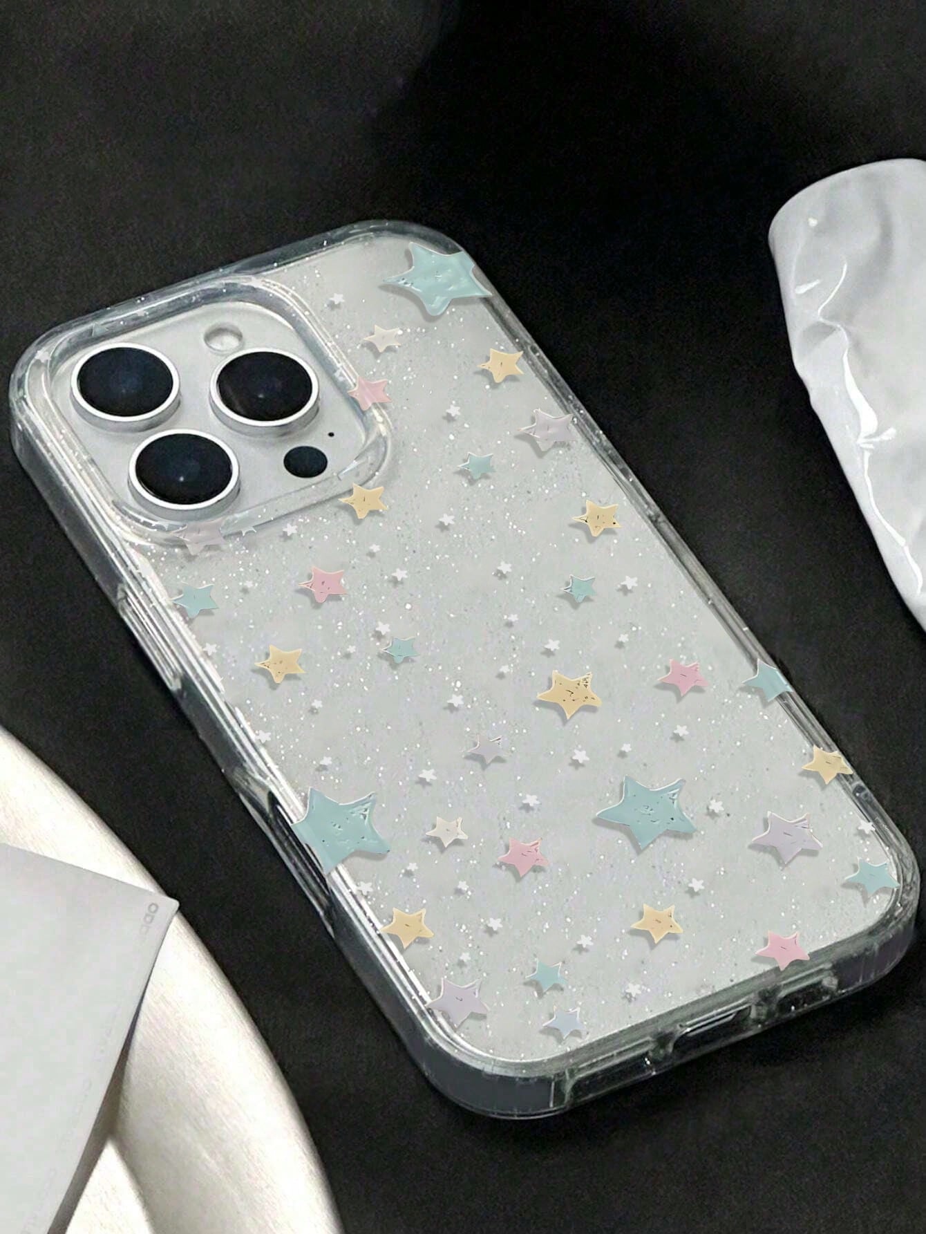1pc New Micro Glitter Sequin Cute Star Pattern Transparent TPU Shockproof Luxury Phone Case, Suitable For IPhone 11 12 13 14 15 16 17 Pro Max