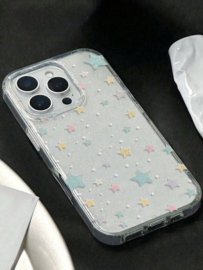 1pc New Micro Glitter Sequin Cute Star Pattern Transparent TPU Shockproof Luxury Phone Case, Suitable For IPhone 11 12 13 14 15 16 17 Pro Max
