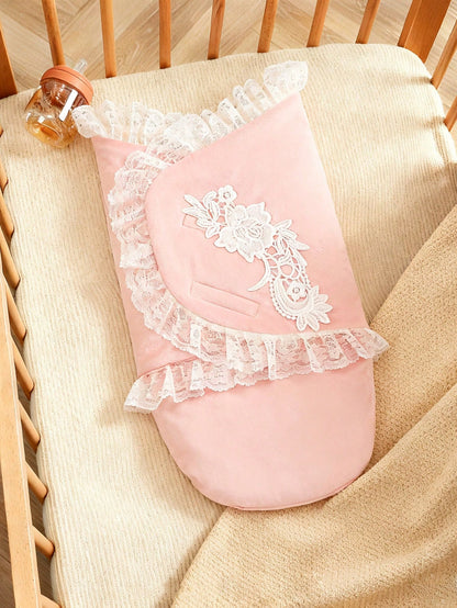 1pc Newborn Double-Layer Soft Plush Baby Swaddle, Princess Lace Design For Baby Girls Adds Sweet Vibrancy And Elegance, Keeps Baby Warm And Cozy