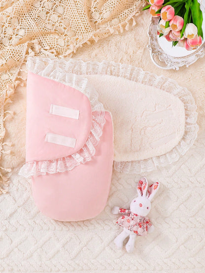 1pc Newborn Double-Layer Soft Plush Baby Swaddle, Princess Lace Design For Baby Girls Adds Sweet Vibrancy And Elegance, Keeps Baby Warm And Cozy
