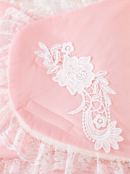 1pc Newborn Double-Layer Soft Plush Baby Swaddle, Princess Lace Design For Baby Girls Adds Sweet Vibrancy And Elegance, Keeps Baby Warm And Cozy