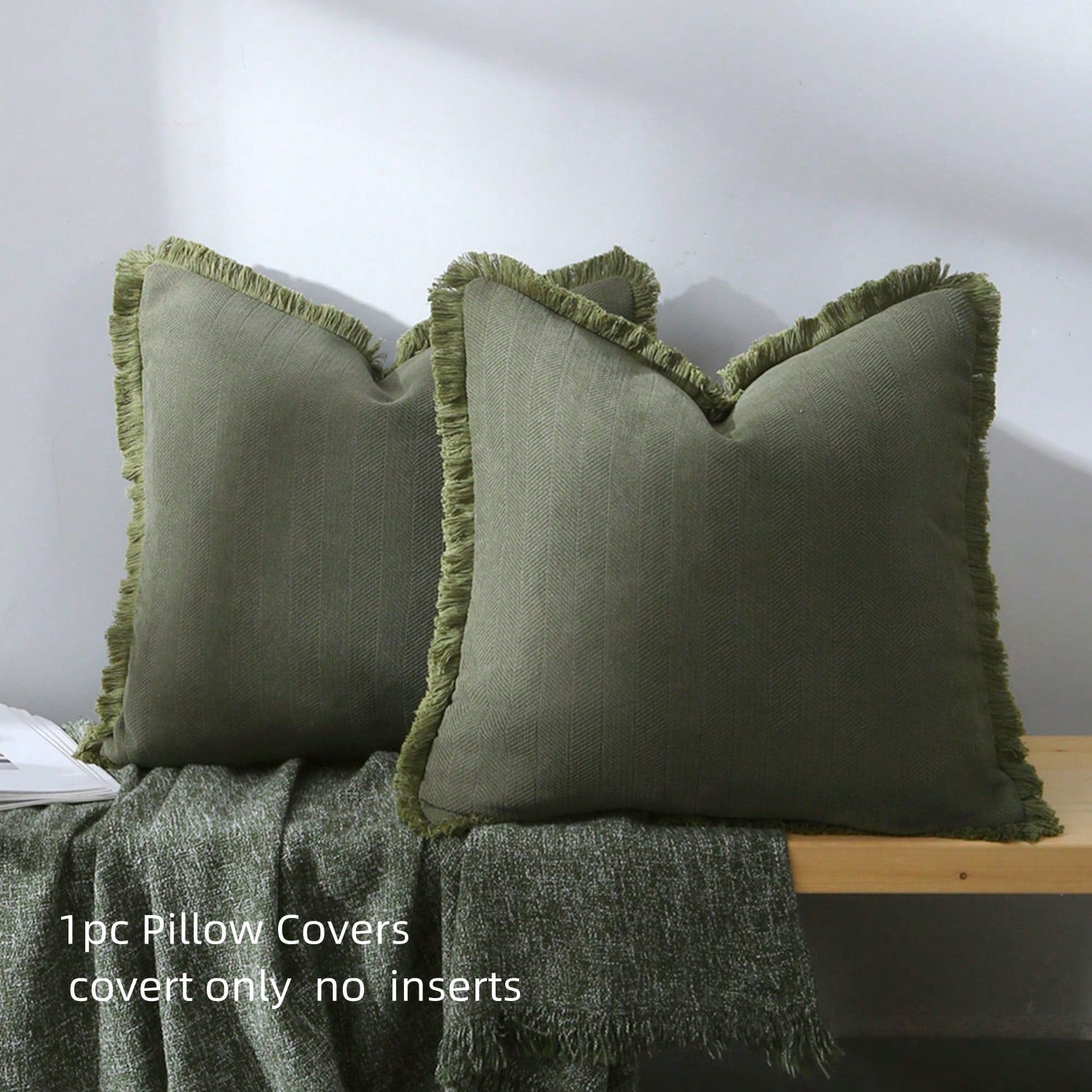 1pc Olive Green Herringbone Style Tassel Trim Cushion Cover, Soft & Comfortable Sofa Throw Pillow, Seasonal Home Decor Pillow, Modern Farmhouse Style Dining Chair Pillow