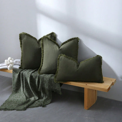 1pc Olive Green Herringbone Style Tassel Trim Cushion Cover, Soft & Comfortable Sofa Throw Pillow, Seasonal Home Decor Pillow, Modern Farmhouse Style Dining Chair Pillow