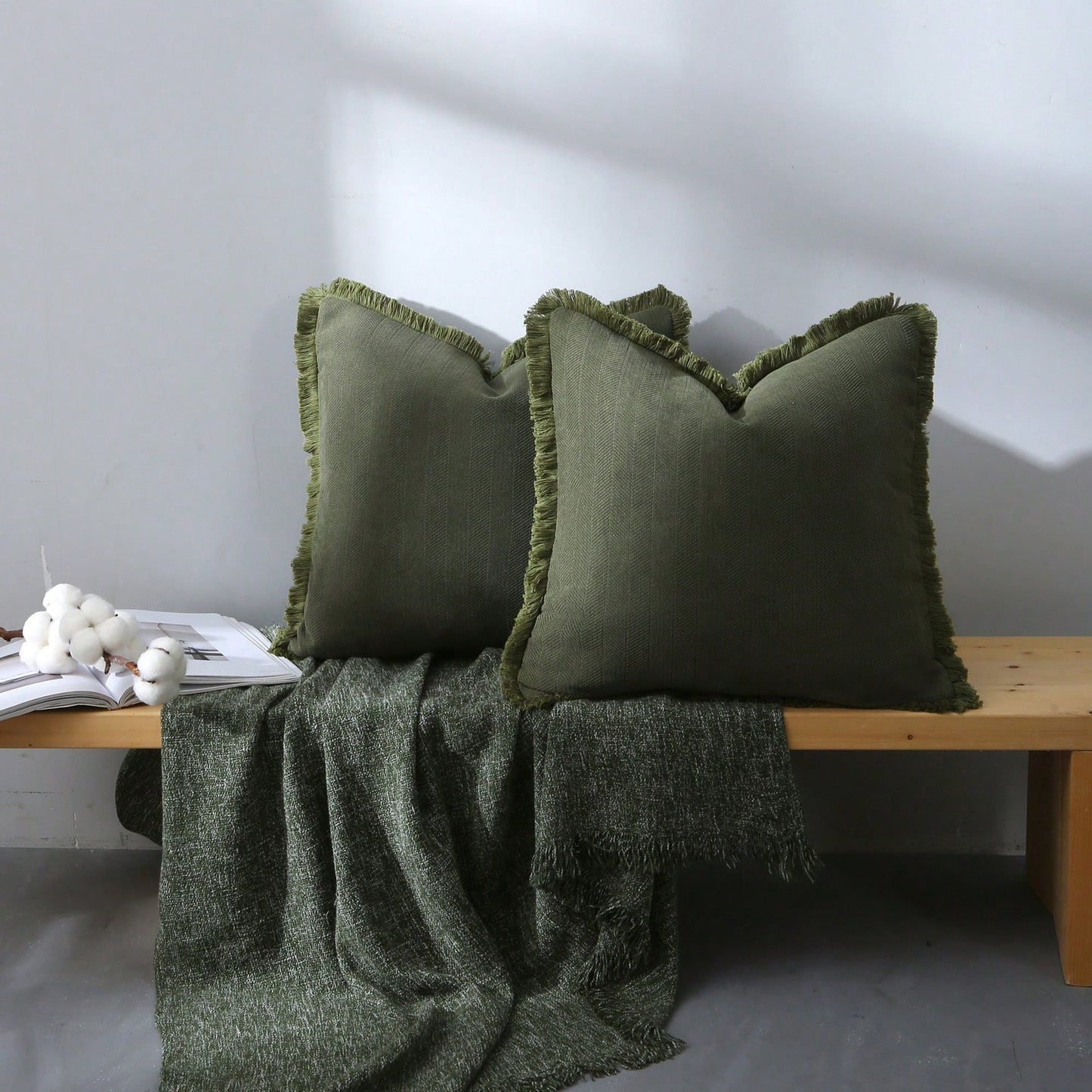 1pc Olive Green Herringbone Style Tassel Trim Cushion Cover, Soft & Comfortable Sofa Throw Pillow, Seasonal Home Decor Pillow, Modern Farmhouse Style Dining Chair Pillow