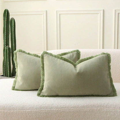 1pc Olive Green Herringbone Style Tassel Trim Cushion Cover, Soft & Comfortable Sofa Throw Pillow, Seasonal Home Decor Pillow, Modern Farmhouse Style Dining Chair Pillow