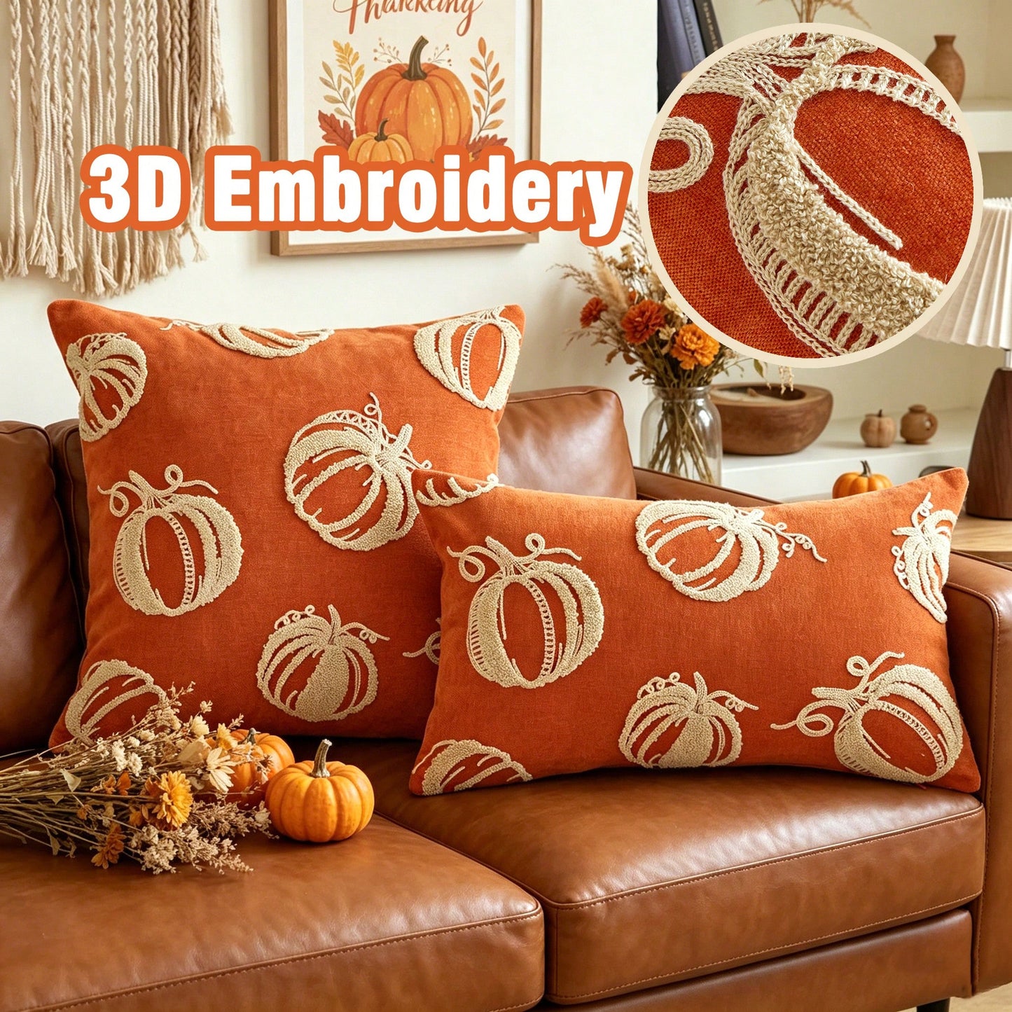 1pc Orange Chenille Fabric Embroidered Beige Pumpkin Cushion Cover, Towel Embroidery + Chain Embroidery Combination Suitable For Bohemian Modern Style Interior Decor, Suitable For Living Room, Bedroom