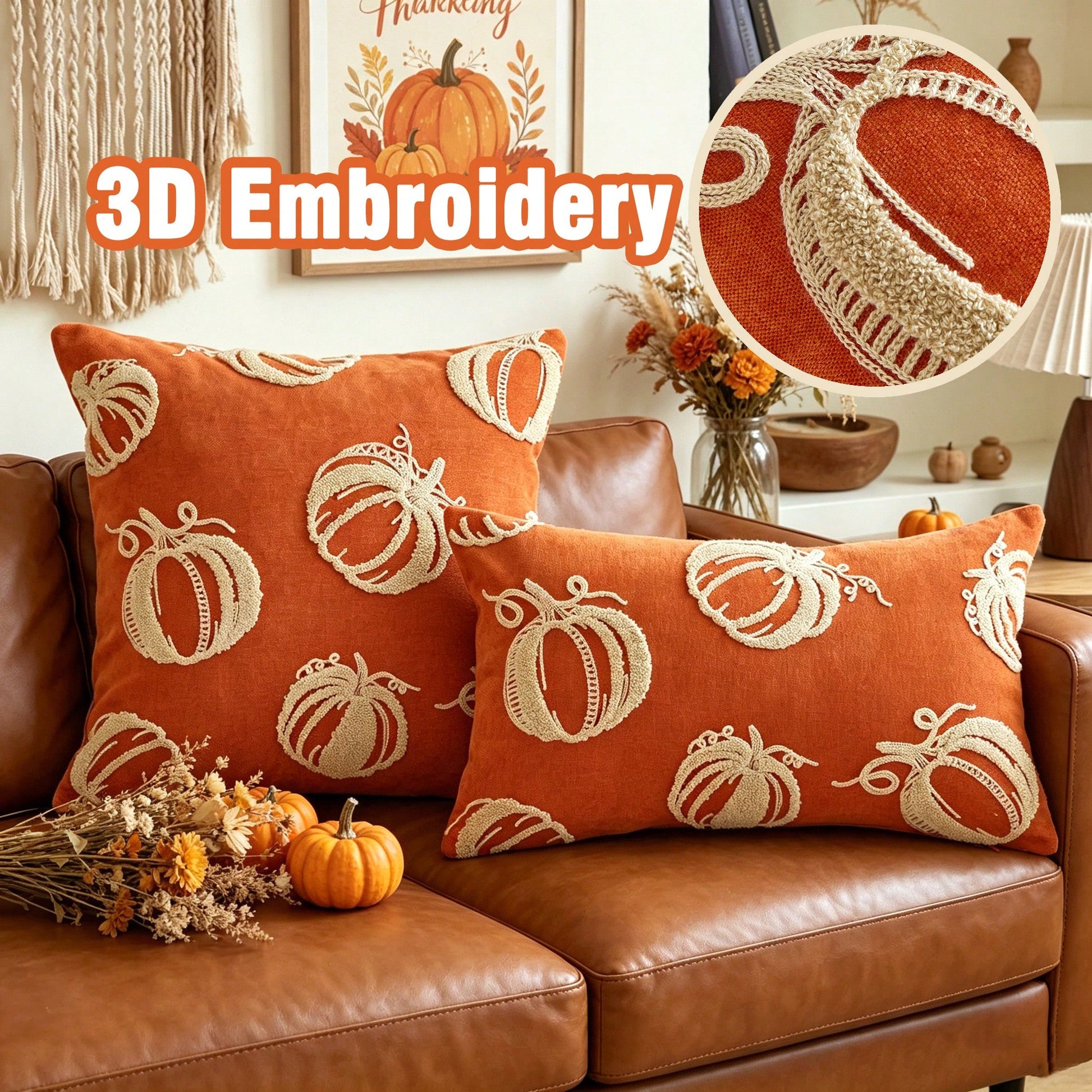 1pc Orange Chenille Fabric Embroidered Beige Pumpkin Cushion Cover, Towel Embroidery + Chain Embroidery Combination Suitable For Bohemian Modern Style Interior Decor, Suitable For Living Room, Bedroom