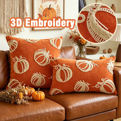 1pc Orange Chenille Fabric Embroidered Beige Pumpkin Cushion Cover, Towel Embroidery + Chain Embroidery Combination Suitable For Bohemian Modern Style Interior Decor, Suitable For Living Room, Bedroom