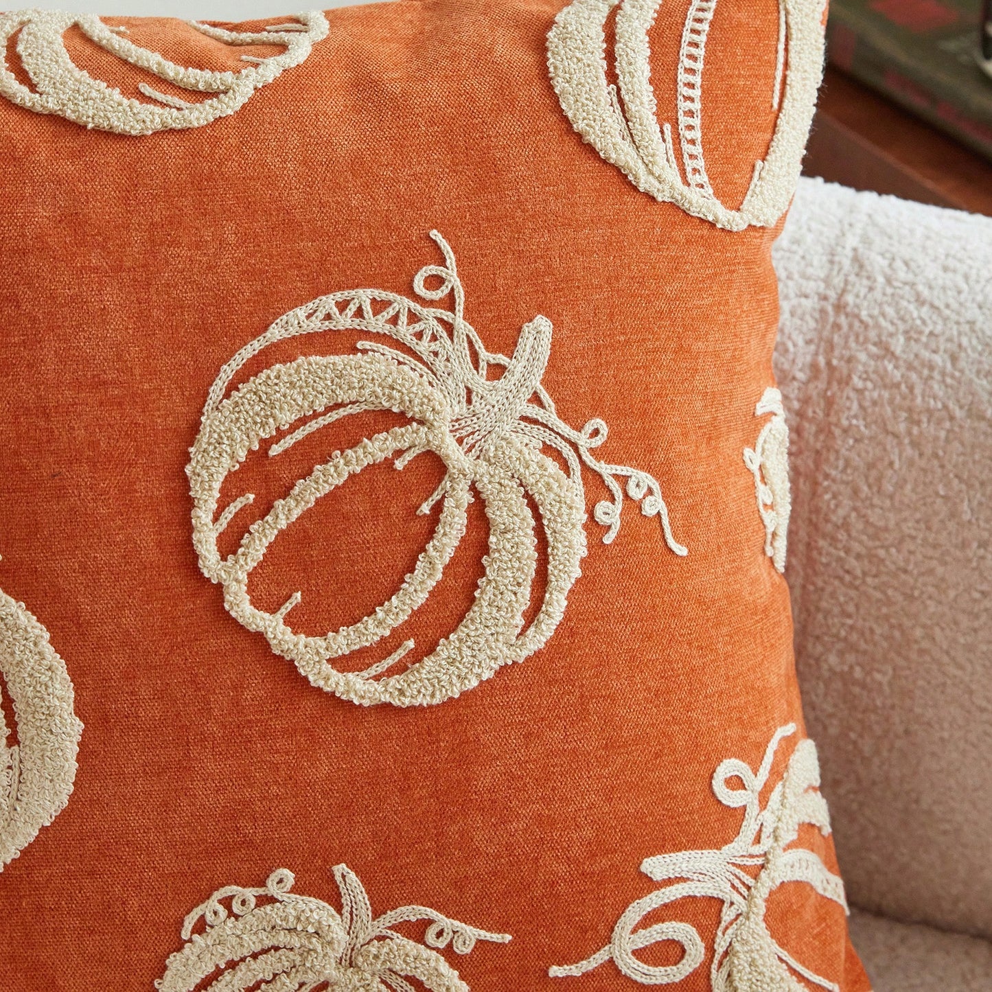 1pc Orange Chenille Fabric Embroidered Beige Pumpkin Cushion Cover, Towel Embroidery + Chain Embroidery Combination Suitable For Bohemian Modern Style Interior Decor, Suitable For Living Room, Bedroom