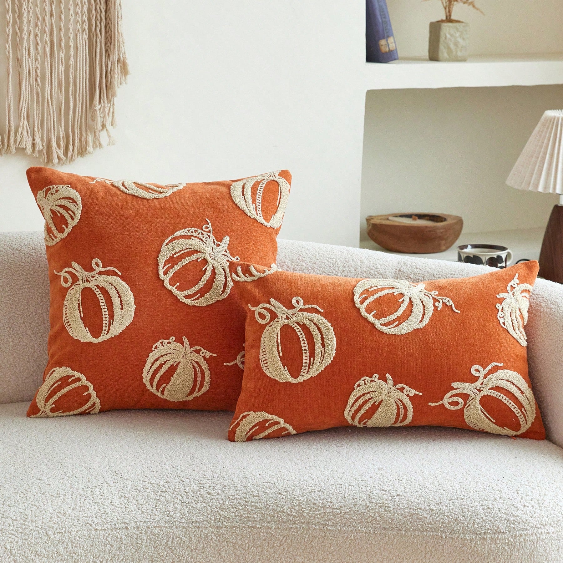1pc Orange Chenille Fabric Embroidered Beige Pumpkin Cushion Cover, Towel Embroidery + Chain Embroidery Combination Suitable For Bohemian Modern Style Interior Decor, Suitable For Living Room, Bedroom