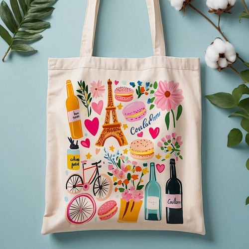 1pc Paris Landmark Canvas Tote Bag- High-Quality Reusable Shopping Bag With Eiffel Tower, Macarons And French Patterns, Durable Polyester Fabric, 13, 8x15, 8 Inches, Suitable For Women'S Travel, Comm