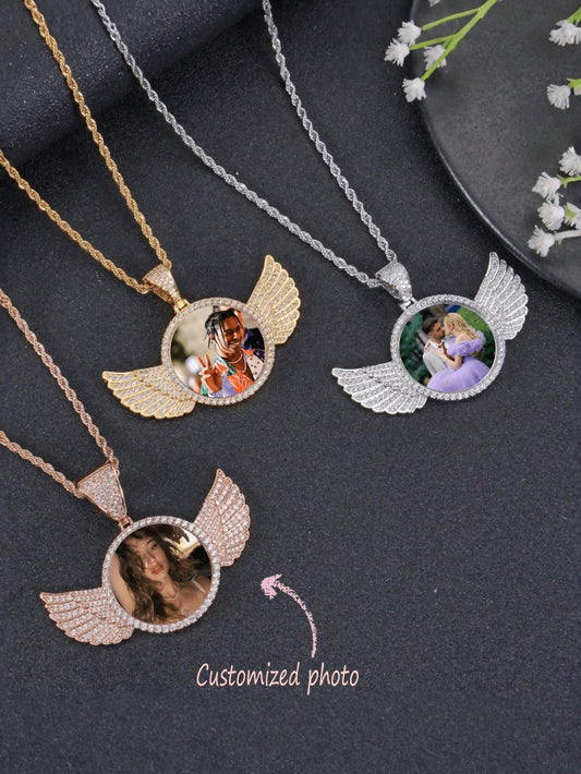 1pc Personalized Angel Wings Crystal Photo Necklace, Iced Out Hip Hop Round Photo Pendant Jewelry, Ideal Gift For Anniversary Birthday Graduation