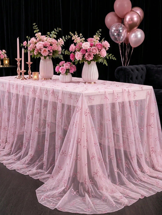 1pc Pink Bow Tulle Mesh Tablecloth With Pink Base Fabric, 220*130cm Double-Sided Polyester Gauze Table Cover, Baby Girl Baptism Decoration, Pink Bow Theme Birthday Party Decoration, Pink Bow Party Dec