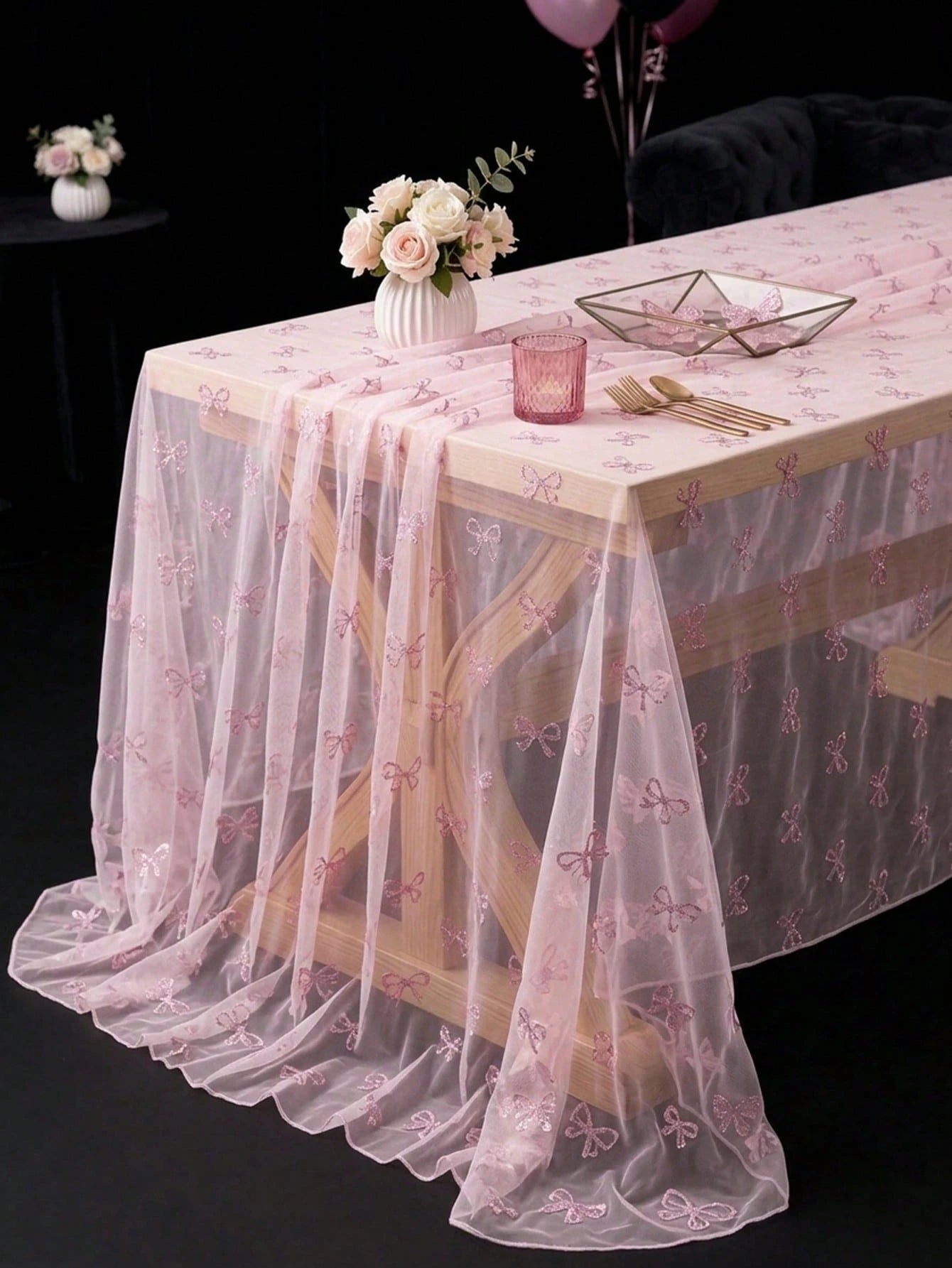 1pc Pink Bow Tulle Mesh Tablecloth With Pink Base Fabric, 220*130cm Double-Sided Polyester Gauze Table Cover, Baby Girl Baptism Decoration, Pink Bow Theme Birthday Party Decoration, Pink Bow Party Dec