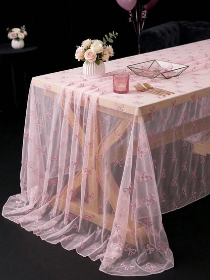 1pc Pink Bow Tulle Mesh Tablecloth With Pink Base Fabric, 220*130cm Double-Sided Polyester Gauze Table Cover, Baby Girl Baptism Decoration, Pink Bow Theme Birthday Party Decoration, Pink Bow Party Dec