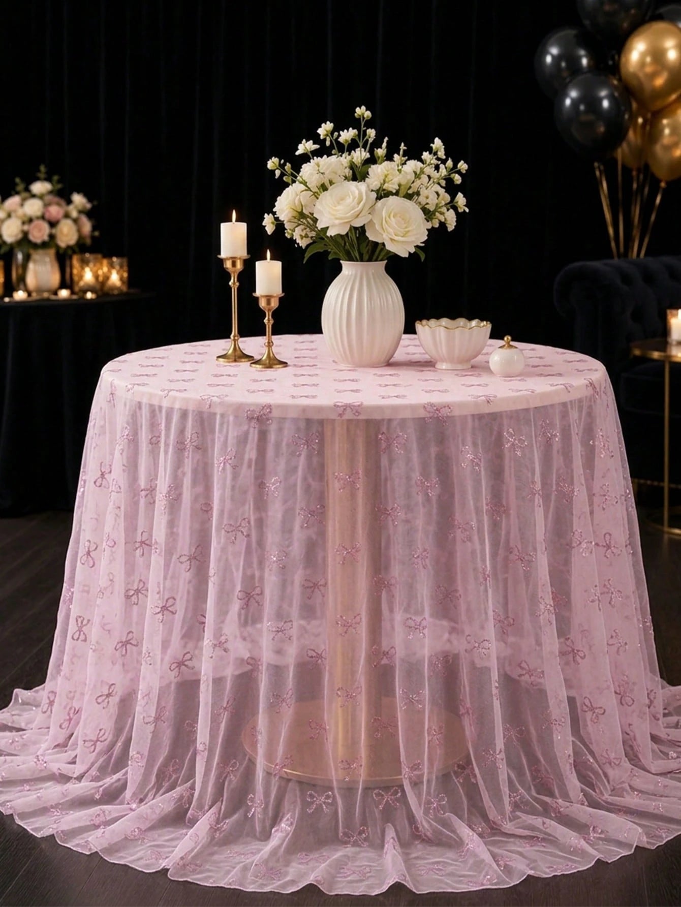 1pc Pink Bow Tulle Mesh Tablecloth With Pink Base Fabric, 220*130cm Double-Sided Polyester Gauze Table Cover, Baby Girl Baptism Decoration, Pink Bow Theme Birthday Party Decoration, Pink Bow Party Dec