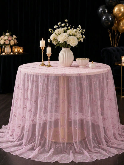 1pc Pink Bow Tulle Mesh Tablecloth With Pink Base Fabric, 220*130cm Double-Sided Polyester Gauze Table Cover, Baby Girl Baptism Decoration, Pink Bow Theme Birthday Party Decoration, Pink Bow Party Dec