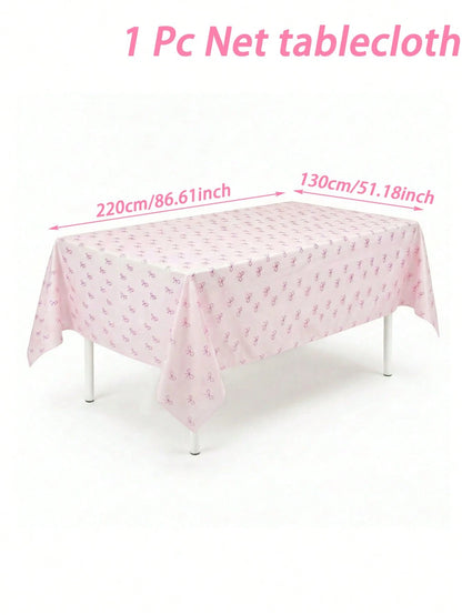 1pc Pink Bow Tulle Mesh Tablecloth With Pink Base Fabric, 220*130cm Double-Sided Polyester Gauze Table Cover, Baby Girl Baptism Decoration, Pink Bow Theme Birthday Party Decoration, Pink Bow Party Dec