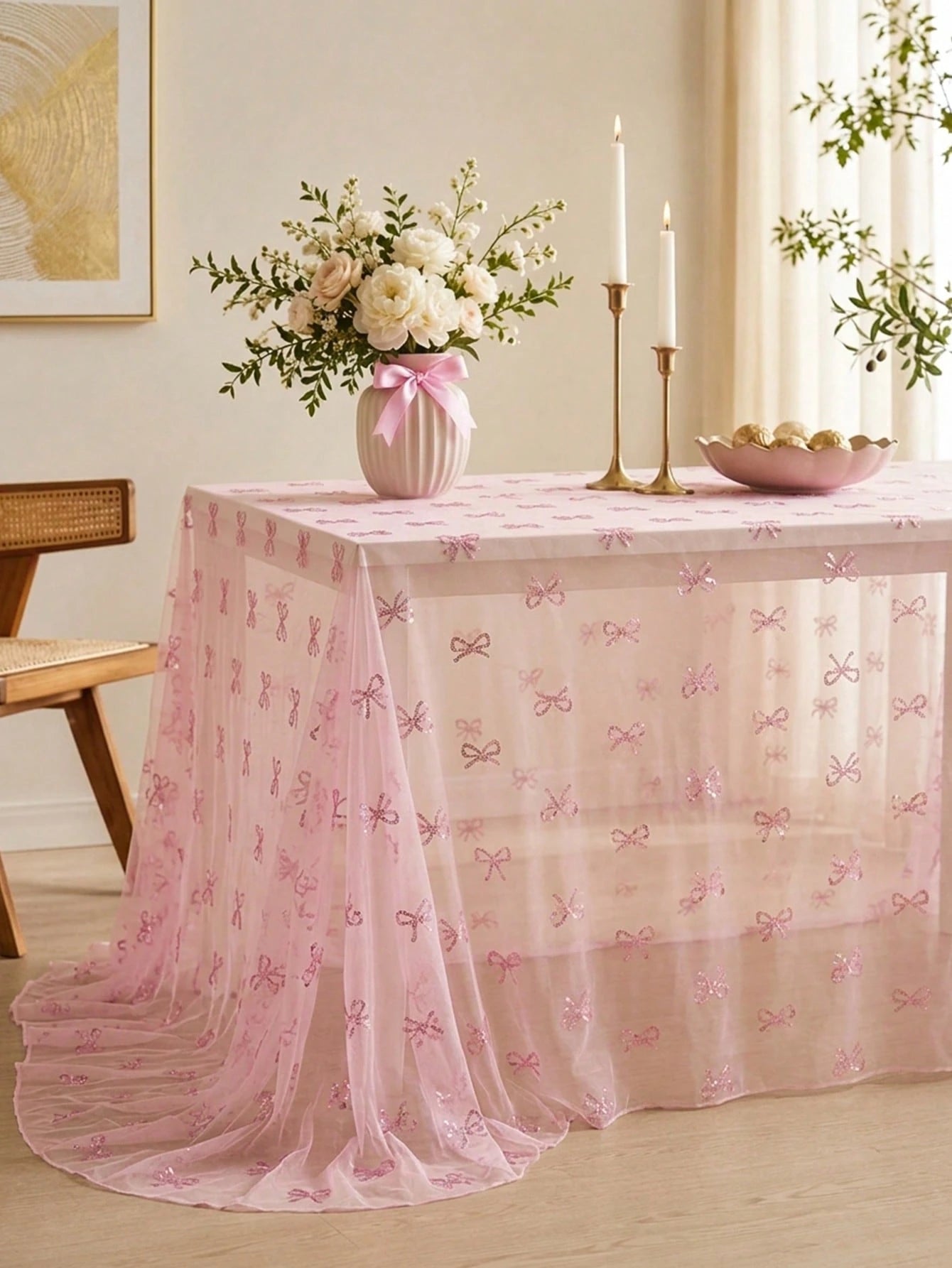 1pc Pink Bow Tulle Mesh Tablecloth With Pink Base Fabric, 220*130cm Double-Sided Polyester Gauze Table Cover, Baby Girl Baptism Decoration, Pink Bow Theme Birthday Party Decoration, Pink Bow Party Dec