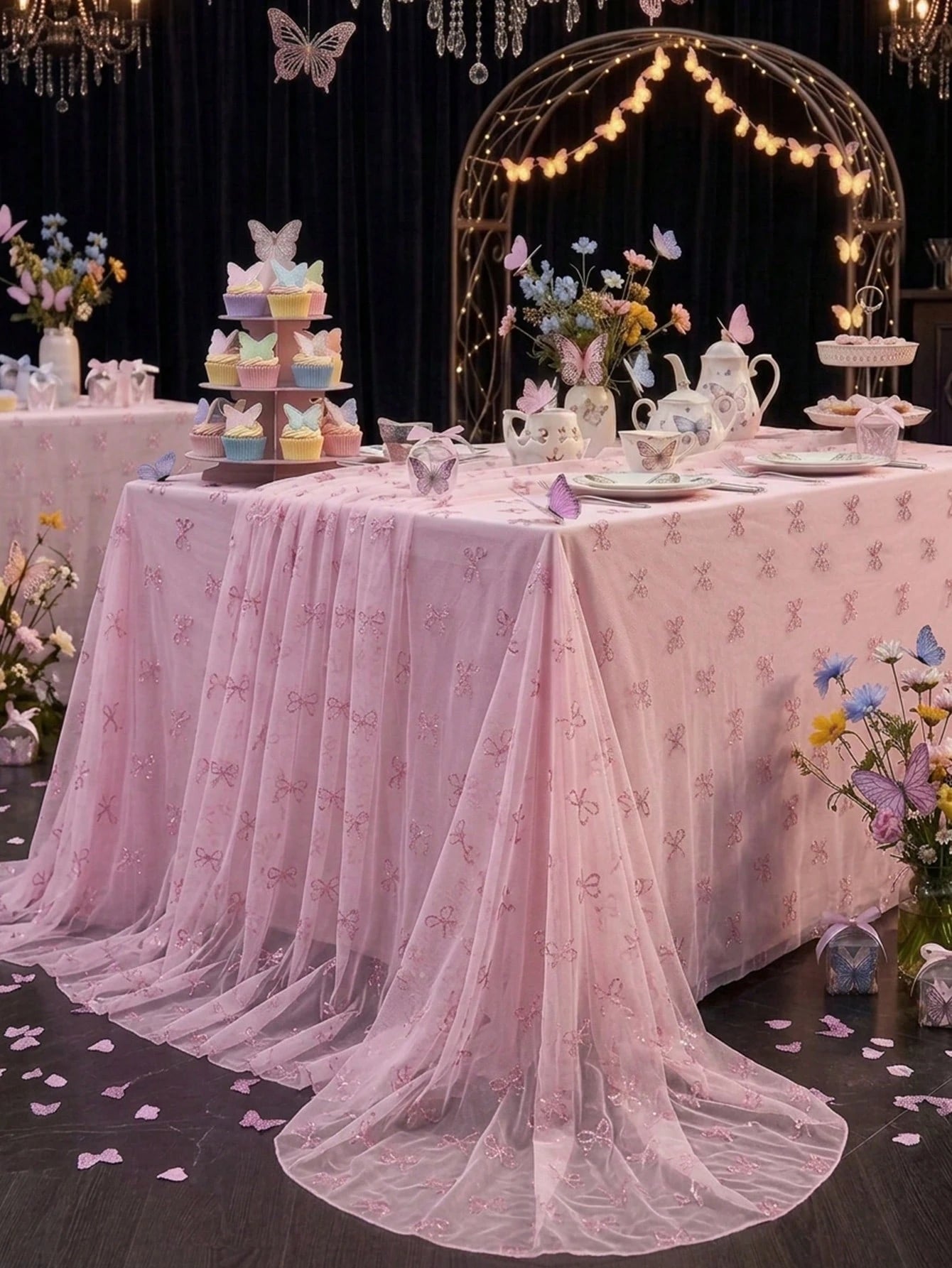 1pc Pink Bow Tulle Mesh Tablecloth With Pink Base Fabric, 220*130cm Double-Sided Polyester Gauze Table Cover, Baby Girl Baptism Decoration, Pink Bow Theme Birthday Party Decoration, Pink Bow Party Dec