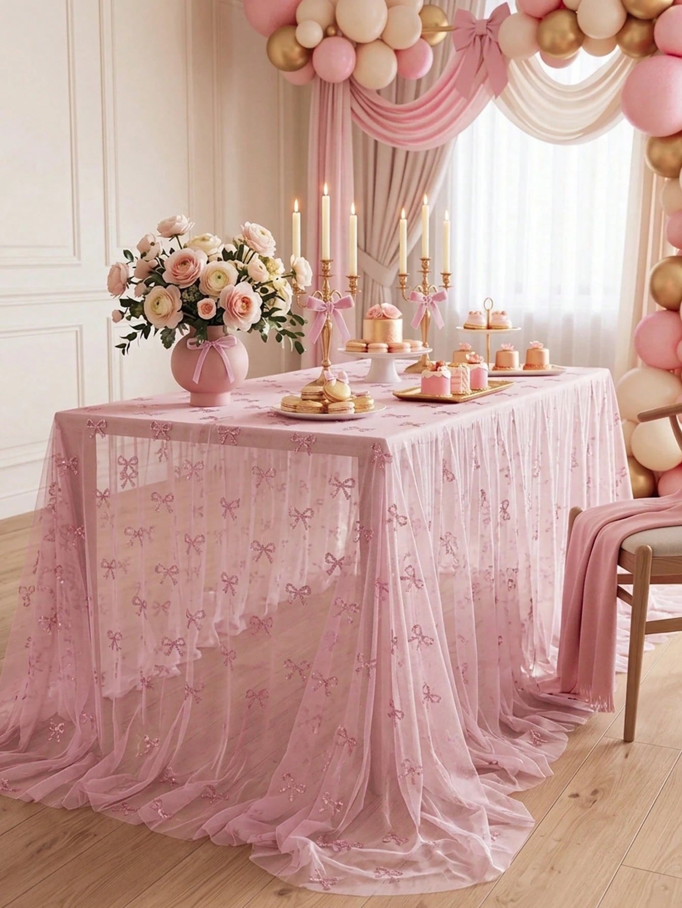 1pc Pink Bow Tulle Mesh Tablecloth With Pink Base Fabric, 220*130cm Double-Sided Polyester Gauze Table Cover, Baby Girl Baptism Decoration, Pink Bow Theme Birthday Party Decoration, Pink Bow Party Dec