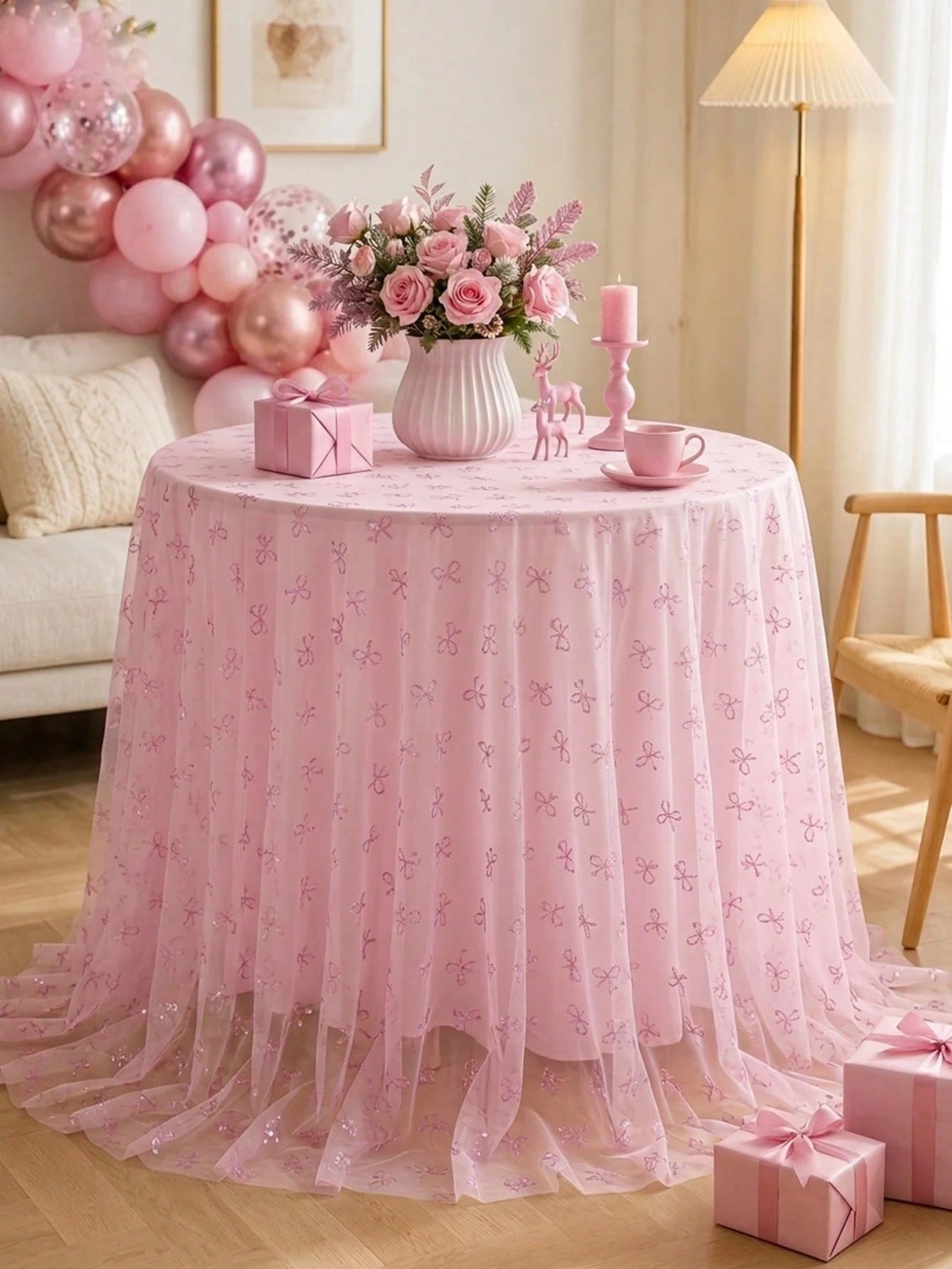 1pc Pink Bow Tulle Mesh Tablecloth With Pink Base Fabric, 220*130cm Double-Sided Polyester Gauze Table Cover, Baby Girl Baptism Decoration, Pink Bow Theme Birthday Party Decoration, Pink Bow Party Dec
