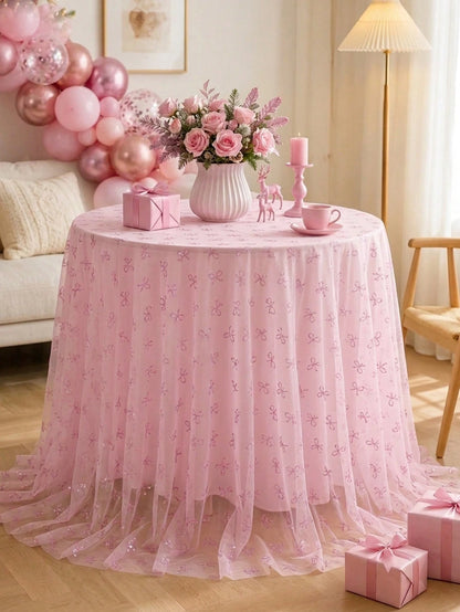 1pc Pink Bow Tulle Mesh Tablecloth With Pink Base Fabric, 220*130cm Double-Sided Polyester Gauze Table Cover, Baby Girl Baptism Decoration, Pink Bow Theme Birthday Party Decoration, Pink Bow Party Dec