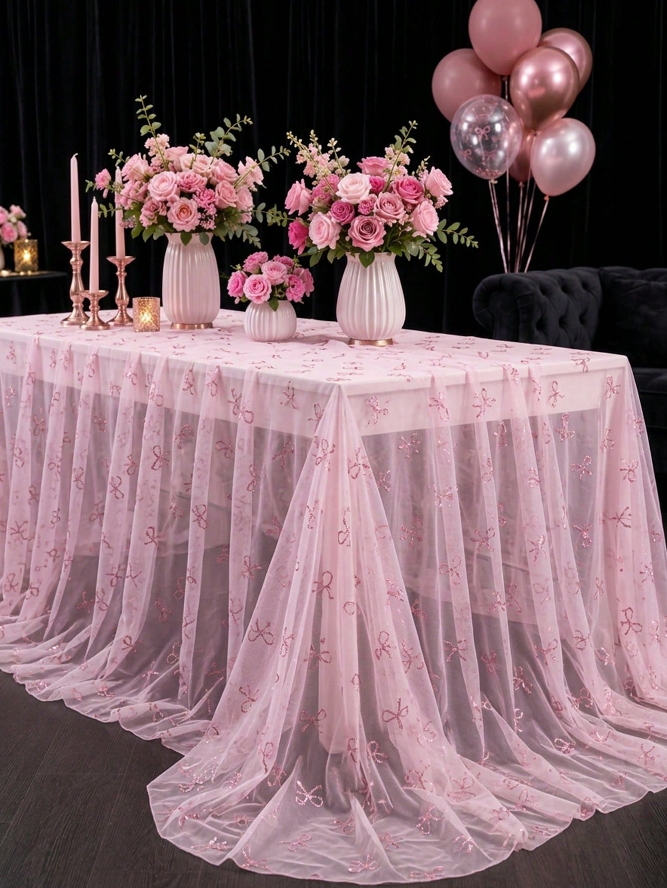 1pc Pink Bow Tulle Mesh Tablecloth With Pink Base Fabric, 220*130cm Double-Sided Polyester Gauze Table Cover, Baby Girl Baptism Decoration, Pink Bow Theme Birthday Party Decoration, Pink Bow Party Dec