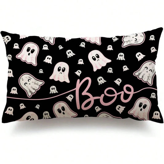 1PC Pink Cloth Ghost Lumbar Pillow Cover, Cute Pink Outline Ghost Cushion Cover, Black Background, Girly Eerie Halloween Sofa Home Decor, Single-Sided Without Pillow Insert