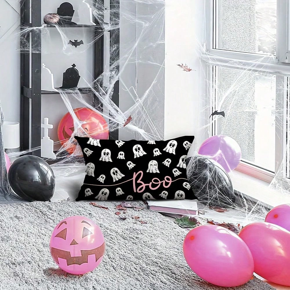 1PC Pink Cloth Ghost Lumbar Pillow Cover, Cute Pink Outline Ghost Cushion Cover, Black Background, Girly Eerie Halloween Sofa Home Decor, Single-Sided Without Pillow Insert