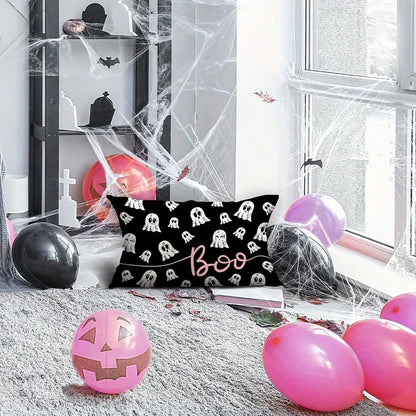 1PC Pink Cloth Ghost Lumbar Pillow Cover, Cute Pink Outline Ghost Cushion Cover, Black Background, Girly Eerie Halloween Sofa Home Decor, Single-Sided Without Pillow Insert