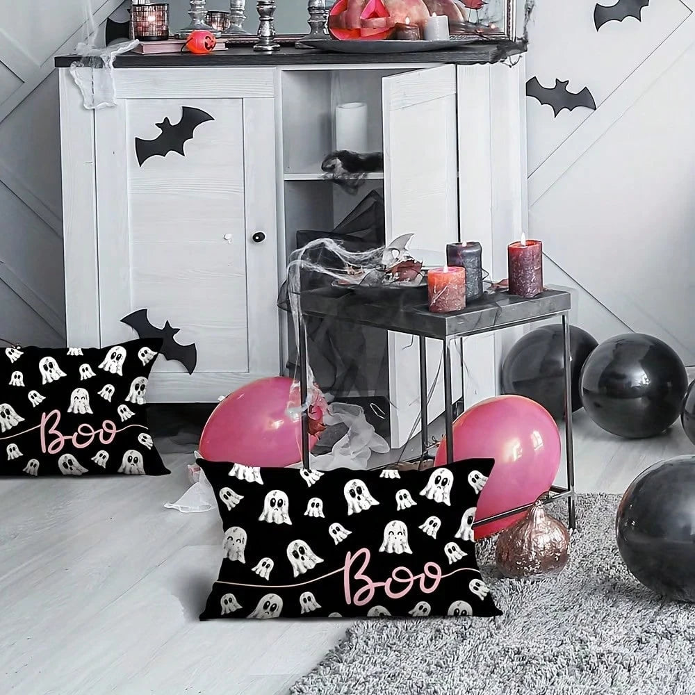 1PC Pink Cloth Ghost Lumbar Pillow Cover, Cute Pink Outline Ghost Cushion Cover, Black Background, Girly Eerie Halloween Sofa Home Decor, Single-Sided Without Pillow Insert