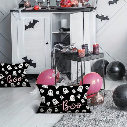 1PC Pink Cloth Ghost Lumbar Pillow Cover, Cute Pink Outline Ghost Cushion Cover, Black Background, Girly Eerie Halloween Sofa Home Decor, Single-Sided Without Pillow Insert