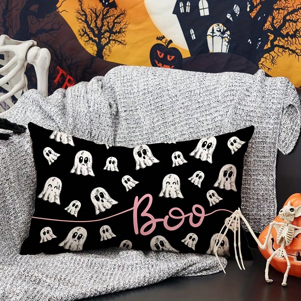 1PC Pink Cloth Ghost Lumbar Pillow Cover, Cute Pink Outline Ghost Cushion Cover, Black Background, Girly Eerie Halloween Sofa Home Decor, Single-Sided Without Pillow Insert