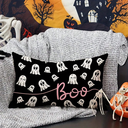 1PC Pink Cloth Ghost Lumbar Pillow Cover, Cute Pink Outline Ghost Cushion Cover, Black Background, Girly Eerie Halloween Sofa Home Decor, Single-Sided Without Pillow Insert