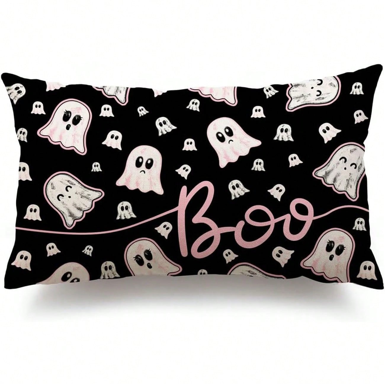 1PC Pink Cloth Ghost Lumbar Pillow Cover, Cute Pink Outline Ghost Cushion Cover, Black Background, Girly Eerie Halloween Sofa Home Decor, Single-Sided Without Pillow Insert