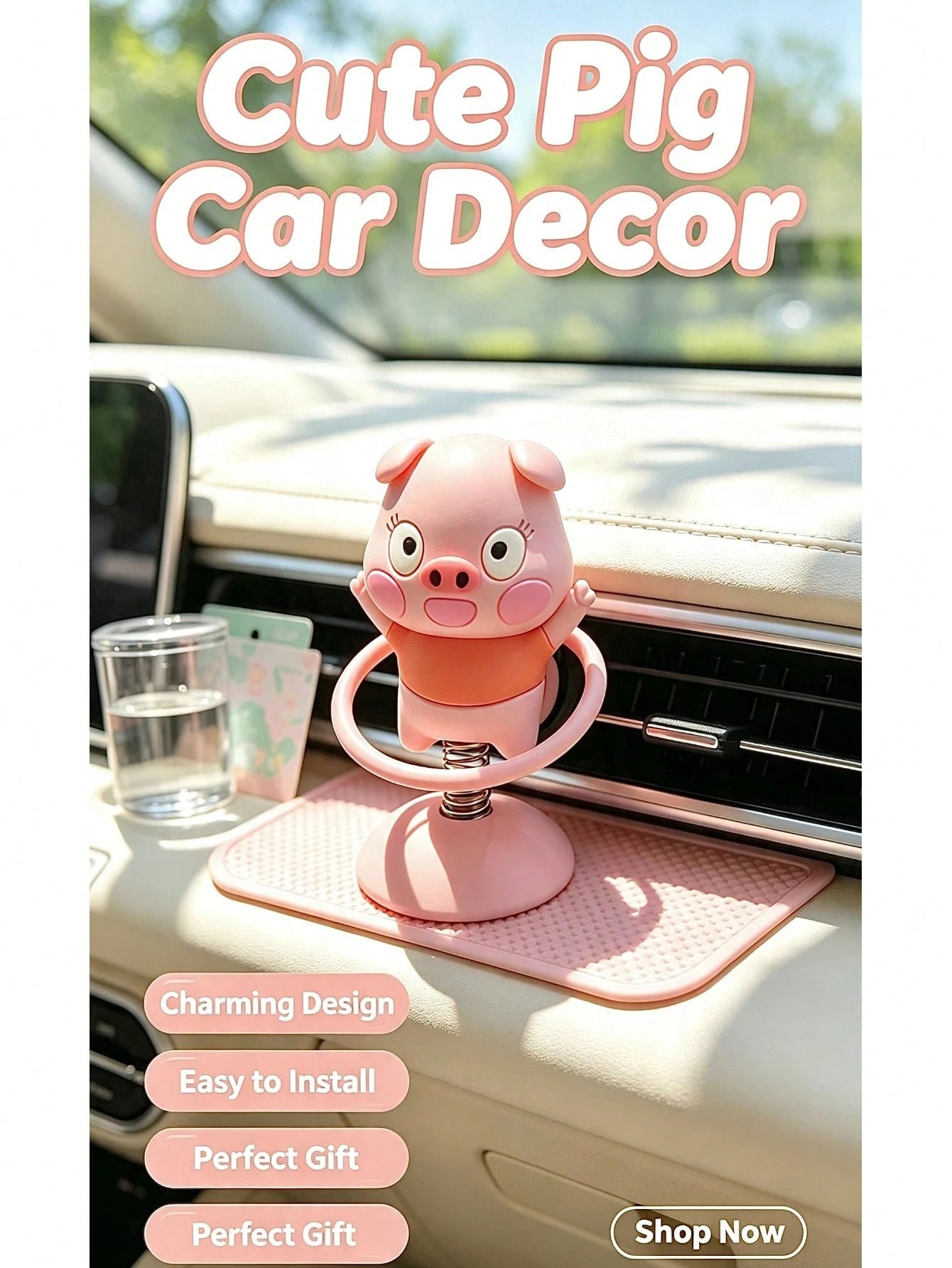 1pc Pink Pig Spring Rocking Car Figurine, Cute Office Desk Stress Relief Decor, Healing Gift For Best Friend, Super Girly Gift
