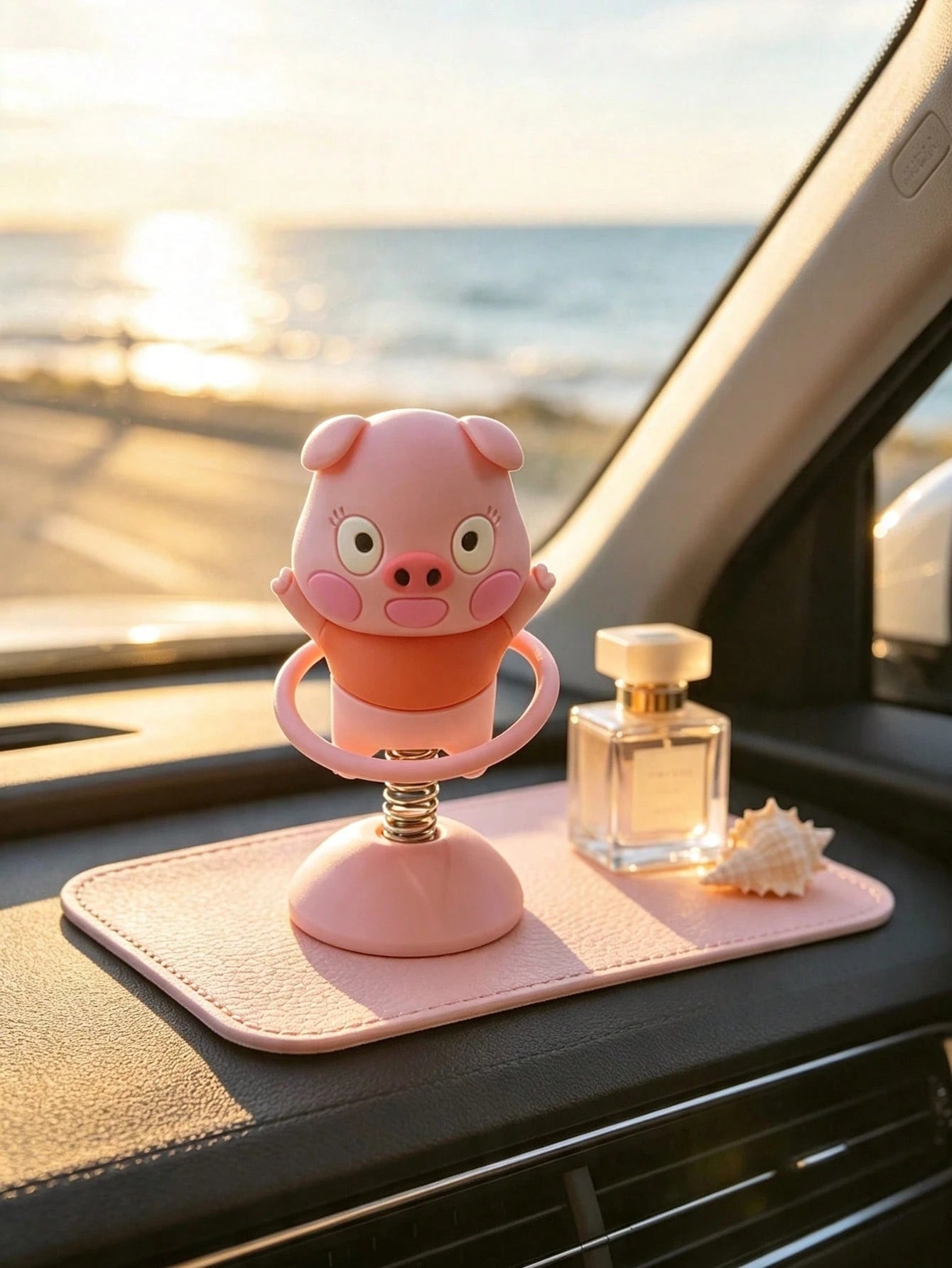 1pc Pink Pig Spring Rocking Car Figurine, Cute Office Desk Stress Relief Decor, Healing Gift For Best Friend, Super Girly Gift
