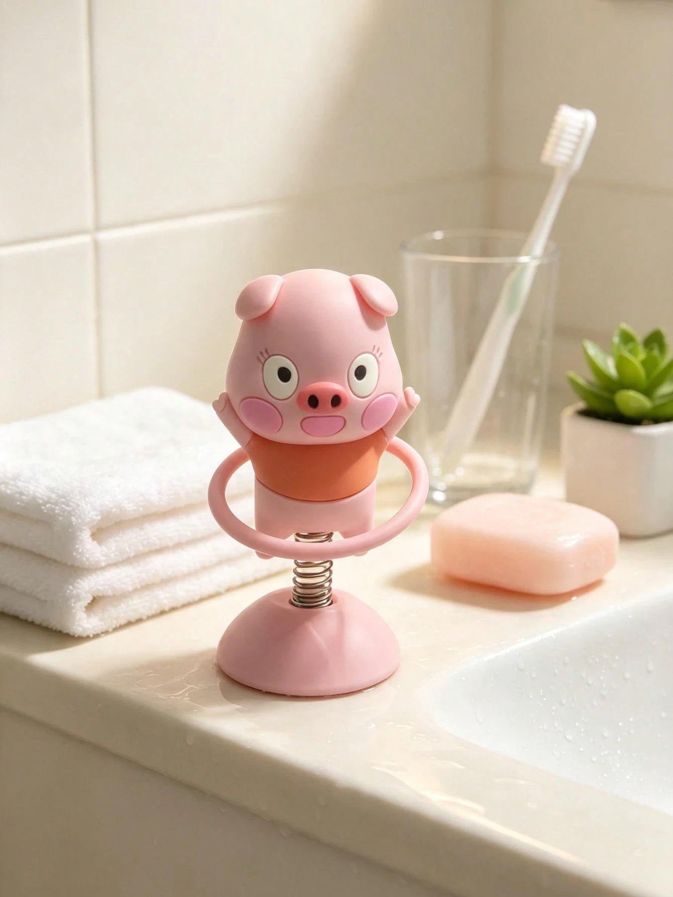 1pc Pink Pig Spring Rocking Car Figurine, Cute Office Desk Stress Relief Decor, Healing Gift For Best Friend, Super Girly Gift