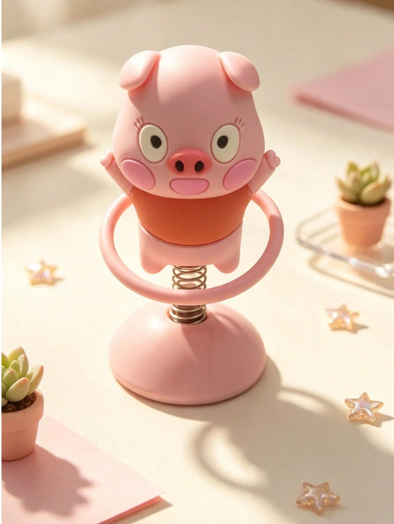 1pc Pink Pig Spring Rocking Car Figurine, Cute Office Desk Stress Relief Decor, Healing Gift For Best Friend, Super Girly Gift