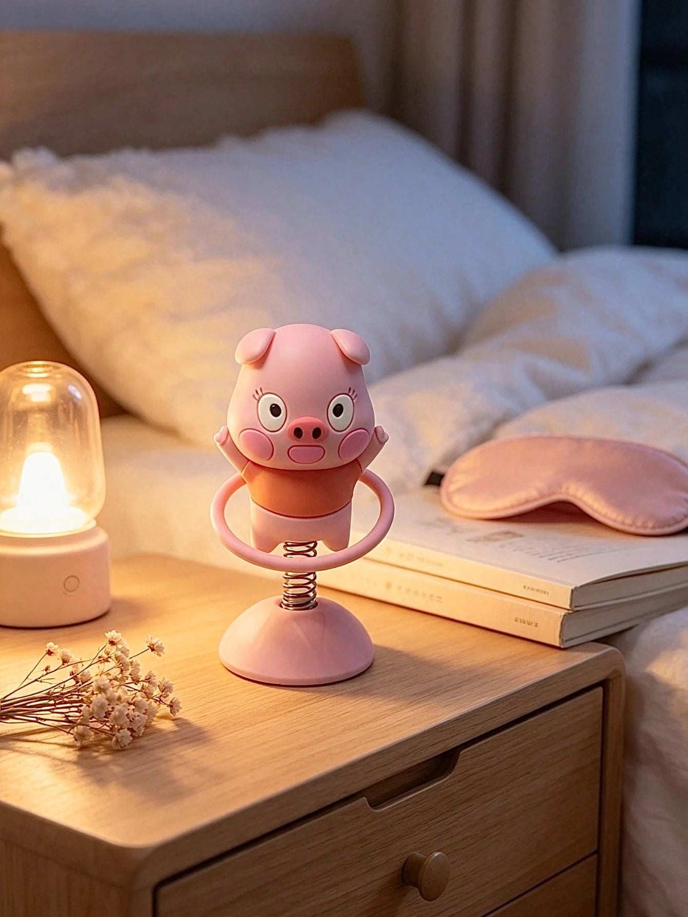 1pc Pink Pig Spring Rocking Car Figurine, Cute Office Desk Stress Relief Decor, Healing Gift For Best Friend, Super Girly Gift