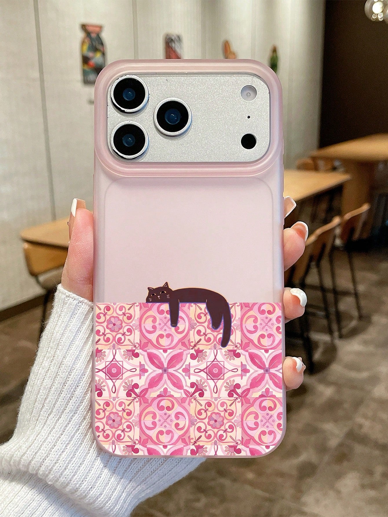 1pc Pink Semi-Transparent Matte Phone Case, Covers, Vintage Floral Tile Slouchy Black Cat Creative Illustration Phone Case, Ins Gentle Niche Style, Girls Birthday Holiday Gift, Cute Phone Case, Cat Ph