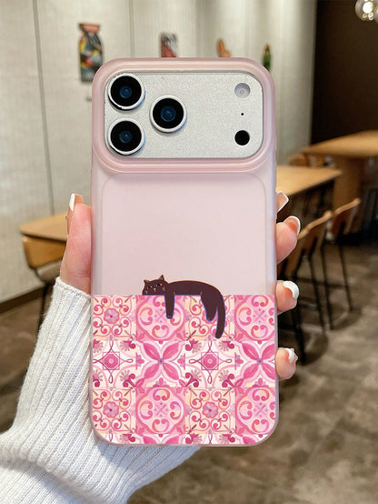 1pc Pink Semi-Transparent Matte Phone Case, Covers, Vintage Floral Tile Slouchy Black Cat Creative Illustration Phone Case, Ins Gentle Niche Style, Girls Birthday Holiday Gift, Cute Phone Case, Cat Ph