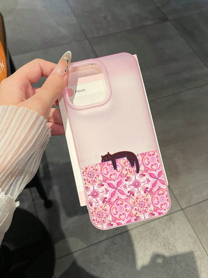 1pc Pink Semi-Transparent Matte Phone Case, Covers, Vintage Floral Tile Slouchy Black Cat Creative Illustration Phone Case, Ins Gentle Niche Style, Girls Birthday Holiday Gift, Cute Phone Case, Cat Ph