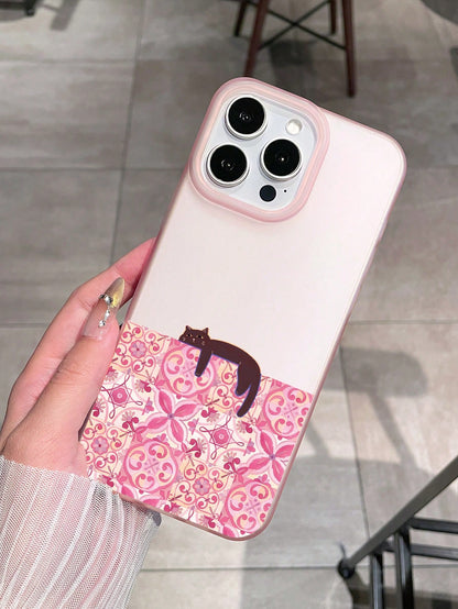 1pc Pink Semi-Transparent Matte Phone Case, Covers, Vintage Floral Tile Slouchy Black Cat Creative Illustration Phone Case, Ins Gentle Niche Style, Girls Birthday Holiday Gift, Cute Phone Case, Cat Ph