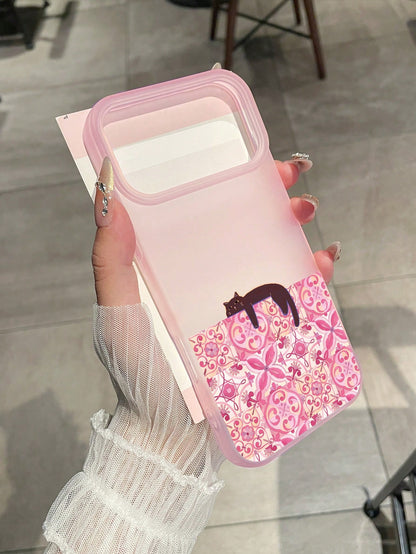 1pc Pink Semi-Transparent Matte Phone Case, Covers, Vintage Floral Tile Slouchy Black Cat Creative Illustration Phone Case, Ins Gentle Niche Style, Girls Birthday Holiday Gift, Cute Phone Case, Cat Ph